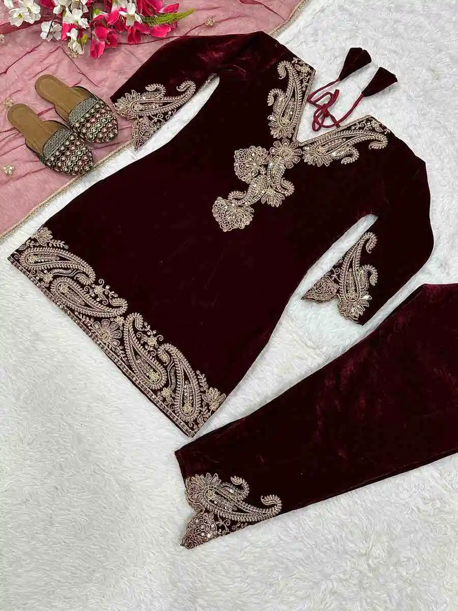 NEW ARRIVAL VELVET EMBROIDERY CODING SEQUENCE WORK TOP BOTTOM WITH DUPATTA FESTIVE WEAR WHOLESALE PRICE ETHNIC GARMENT (12)