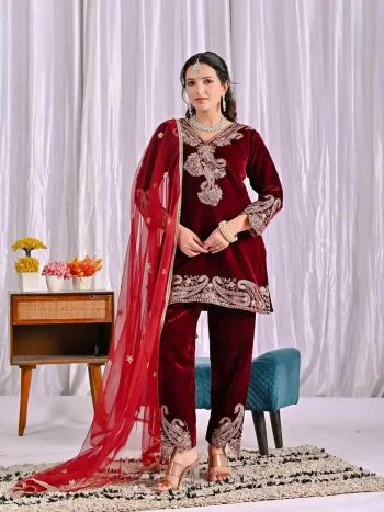 NEW ARRIVAL VELVET EMBROIDERY CODING SEQUENCE WORK TOP BOTTOM WITH DUPATTA  MAROON