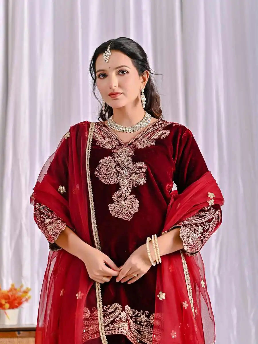 NEW ARRIVAL VELVET EMBROIDERY CODING SEQUENCE WORK TOP BOTTOM WITH DUPATTA FESTIVE WEAR WHOLESALE PRICE ETHNIC GARMENT (5)