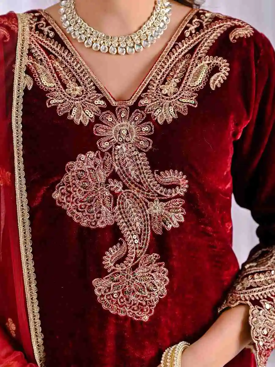 NEW ARRIVAL VELVET EMBROIDERY CODING SEQUENCE WORK TOP BOTTOM WITH DUPATTA FESTIVE WEAR WHOLESALE PRICE ETHNIC GARMENT (8)