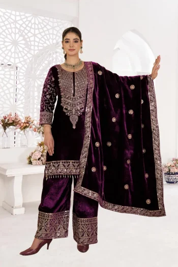 NEW ARRIVAL VELVET EMBROIDERY CODING SEQUENCE WORK TOP PALAZZO WITH DUPATTA WINE