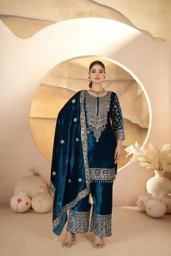 NEW ARRIVAL VELVET EMBROIDERY CODING SEQUENCE WORK TOP PALAZZO WITH DUPATTA TEAL