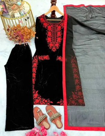 NEW ARRIVAL VELVET EMBROIDERY WORK TOP PALAZZO WITH DUPATTA RED AND BLACK