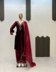NEW ARRIVAL VELVET SEQUENCE EMBROIDERY WORK TOP BOTTOM WITH DUPATTA MAROON