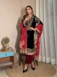 NEW ARRIVAL VELVET SEQUENCE & ZARI EMBROIDERY WORK TOP PALAZZO WITH DUPATTA  RED AND BLACK
