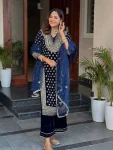 NEW ARRIVAL VELVET SEQUENCE & ZARI EMBROIDERY WORK TOP PALAZZO WITH DUPATTA NAVY BLUE
