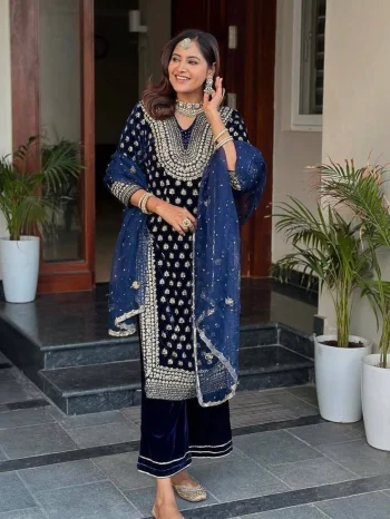 NEW ARRIVAL VELVET SEQUENCE & ZARI EMBROIDERY WORK TOP PALAZZO WITH DUPATTA NAVY BLUE