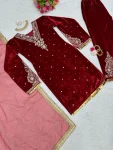 NEW ARRIVAL VELVET THREAD WITH SEQUENCE WITH RIVET MOTI AND LACE BORDER WORK TOP BOTTOM WITH DUPATTA FESTIVE WEAR WHOLESALE PRICE ETHNIC GARMENT (2)