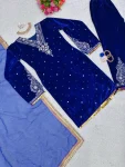 NEW ARRIVAL VELVET THREAD WITH SEQUENCE WITH RIVET MOTI AND LACE BORDER WORK TOP BOTTOM WITH DUPATTA FESTIVE WEAR WHOLESALE PRICE ETHNIC GARMENT (19)
