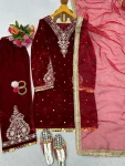 NEW ARRIVAL VELVET THREAD WITH SEQUENCE WITH RIVET MOTI AND LACE BORDER WORK TOP BOTTOM WITH DUPATTA FESTIVE WEAR WHOLESALE PRICE ETHNIC GARMENT (2)
