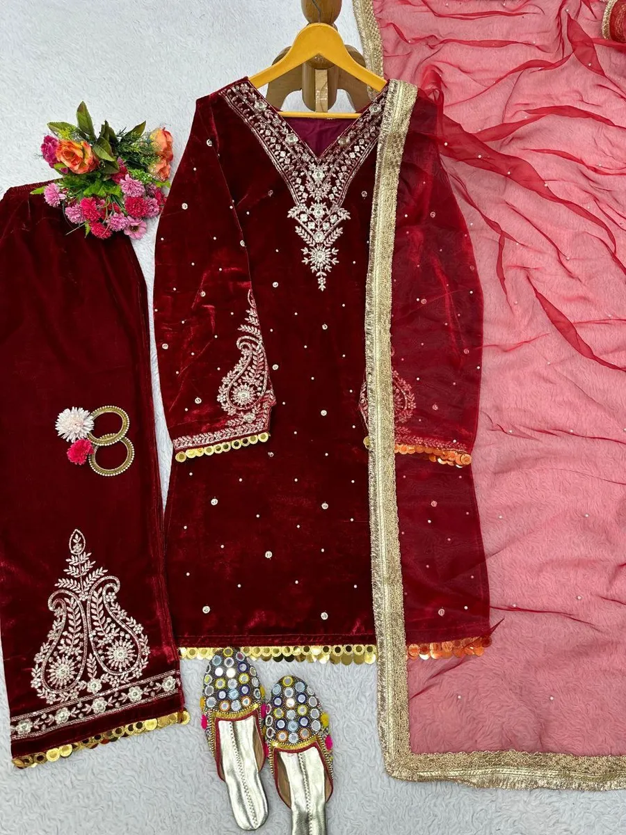 NEW ARRIVAL VELVET THREAD WITH SEQUENCE WITH RIVET MOTI AND LACE BORDER WORK TOP BOTTOM WITH DUPATTA FESTIVE WEAR WHOLESALE PRICE ETHNIC GARMENT (8)