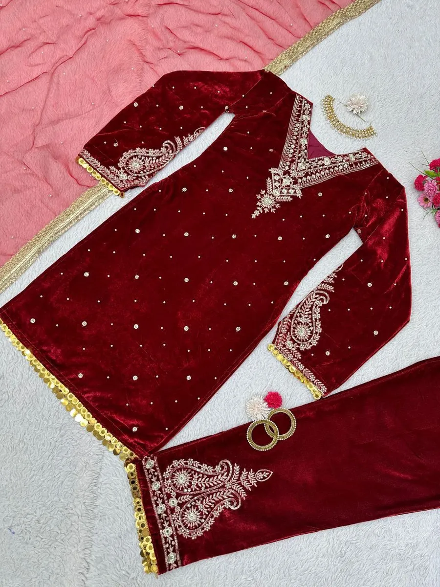 NEW ARRIVAL VELVET THREAD WITH SEQUENCE WITH RIVET MOTI AND LACE BORDER WORK TOP BOTTOM WITH DUPATTA FESTIVE WEAR WHOLESALE PRICE ETHNIC GARMENT (9)