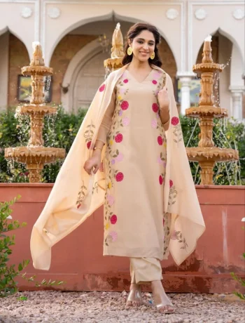 NEW ARRIVAL VISCOSE CHANDERI EMBROIDERY WORK TOP BOTTOM WITH DUPATTA CREAM