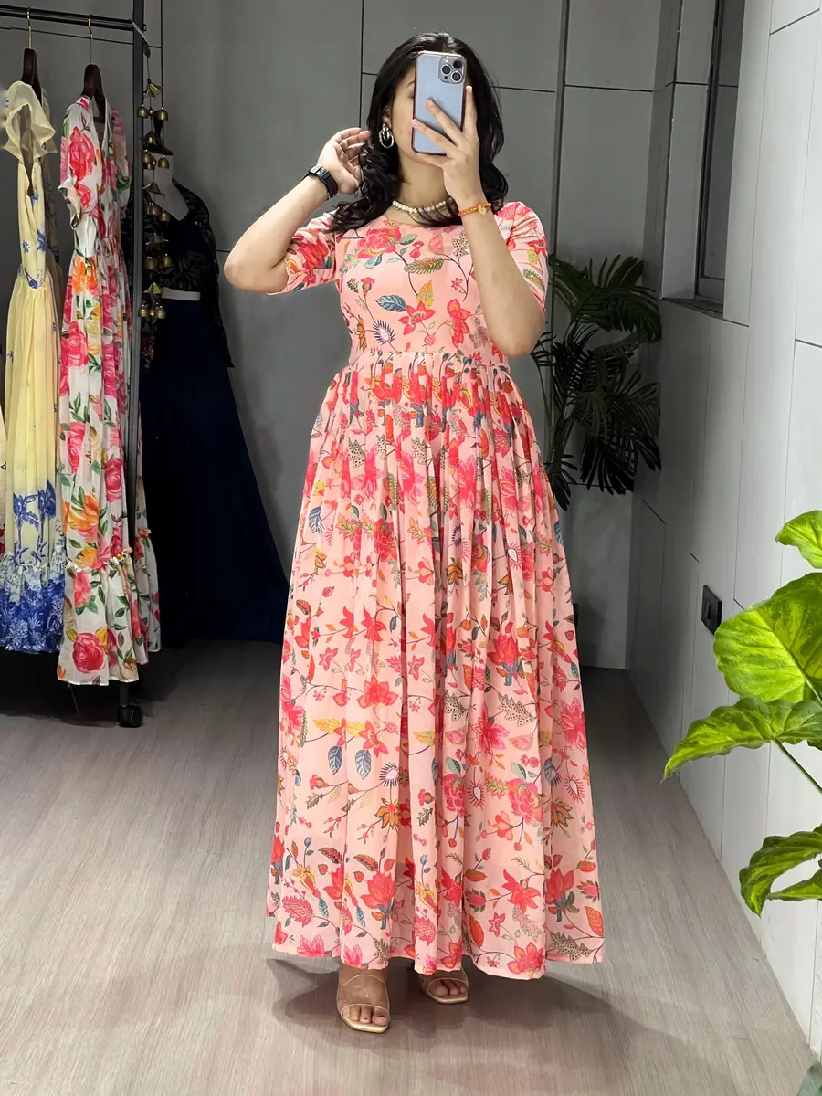 NEW ARRIVAL WIEGHTLESS PRINTED WITH DOUBLE FRILL PATTERNS WORK ONE PIECE DRESS DAILY WEAR WHOLESALE PRICE ETHNIC GARMENT (2)