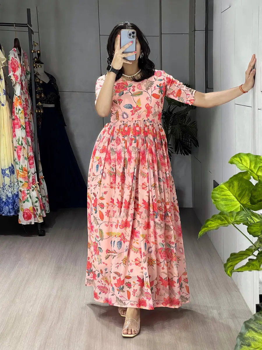 NEW ARRIVAL WIEGHTLESS PRINTED WITH DOUBLE FRILL PATTERNS WORK ONE PIECE DRESS DAILY WEAR WHOLESALE PRICE ETHNIC GARMENT (3)