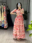 NEW ARRIVAL WIEGHTLESS PRINTED WITH DOUBLE FRILL PATTERNS WORK ONE PIECE DRESS DAILY WEAR WHOLESALE PRICE ETHNIC GARMENT (2)