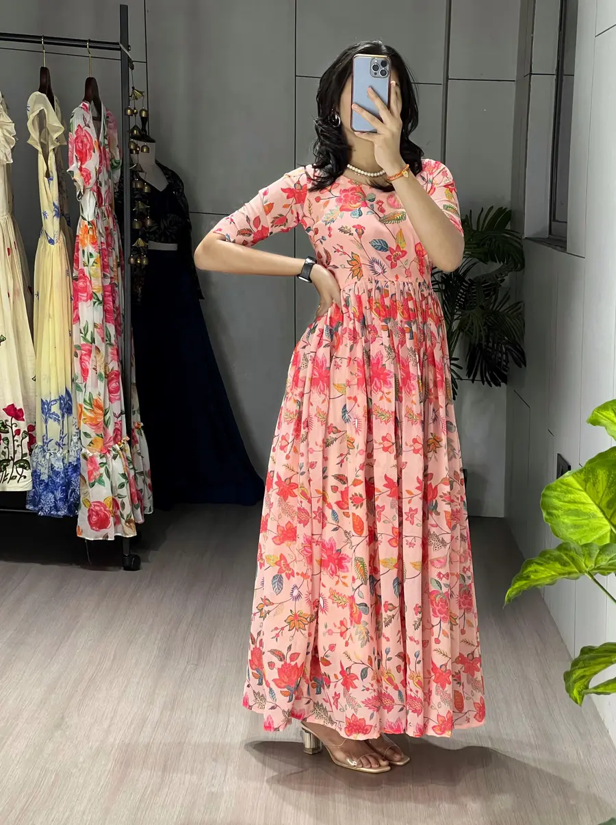 NEW ARRIVAL WIEGHTLESS PRINTED WITH DOUBLE FRILL PATTERNS WORK ONE PIECE DRESS DAILY WEAR WHOLESALE PRICE ETHNIC GARMENT (5)