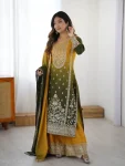 RICH LOOK CHINON SILK CODING DORI WITH SEQUENCE THREAD WORK TOP PALAZZO WITH DUPATTA GREEN AND YELLOW