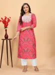 RICH LOOK COTTON PRINTED WORK TOP PENT SET PINK