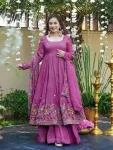 RICH LOOK CRUNCHY SILK EMBROIDERY SEQUENCE WORK GOWN PALAZZO WITH DUPATTA PINK