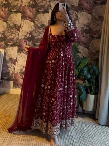 RICH LOOK GEORGETTE EMBROIDERY SEQUENCE WORK GOWN BOTTOM WITH DUPATTA MAROON