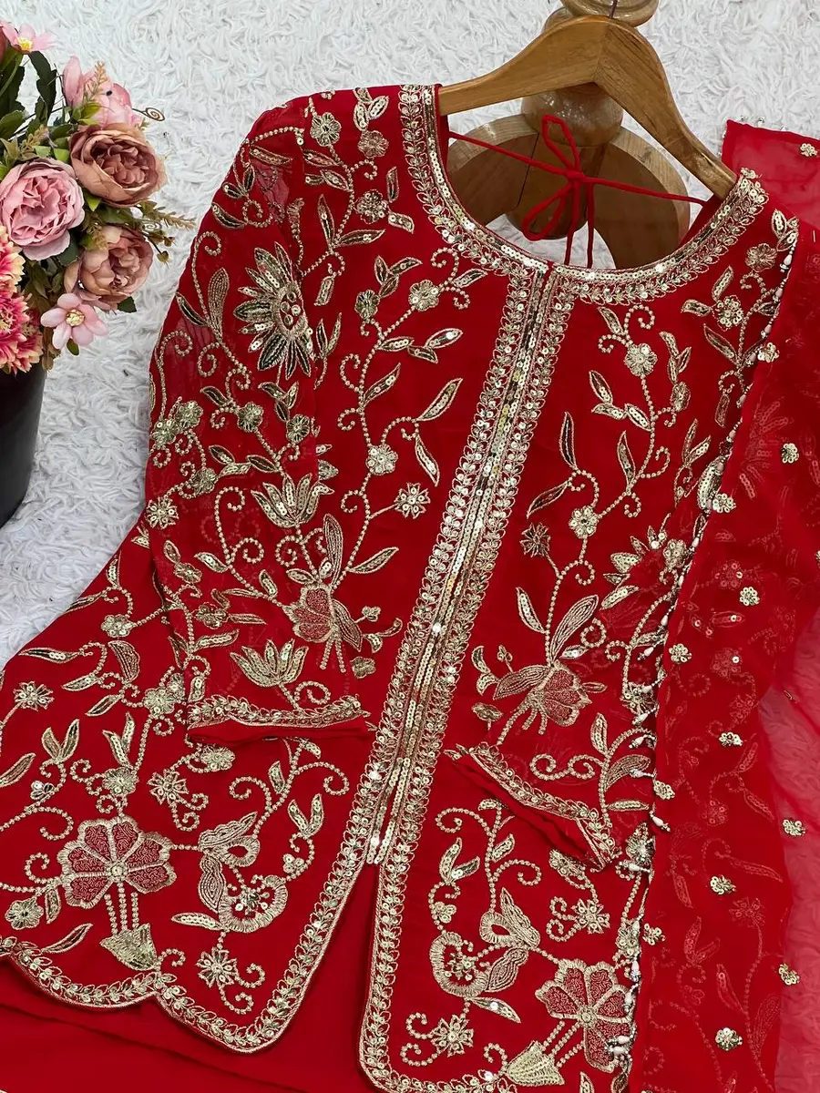 RICH LOOK GEORGETTE EMBROIDERY SEQUENCE WORK TOP SHARARA WITH DUPATTA WEDDING WEAR WHOLESALE PRICE ETHNIC GARMENT (1)