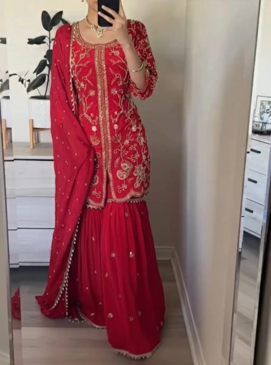 RICH LOOK GEORGETTE EMBROIDERY SEQUENCE WORK TOP SHARARA WITH DUPATTA WEDDING WEAR WHOLESALE PRICE ETHNIC GARMENT (4)