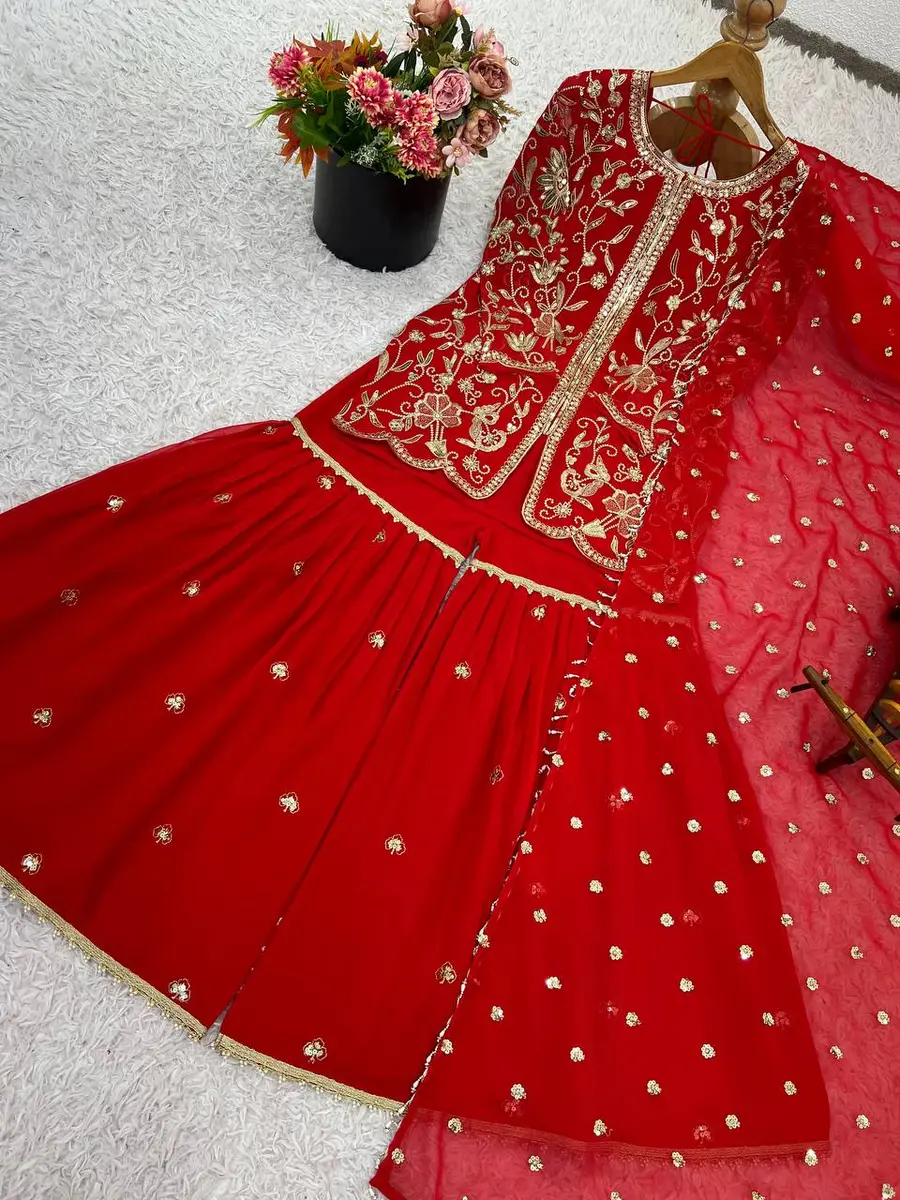 RICH LOOK GEORGETTE EMBROIDERY SEQUENCE WORK TOP SHARARA WITH DUPATTA WEDDING WEAR WHOLESALE PRICE ETHNIC GARMENT (7)