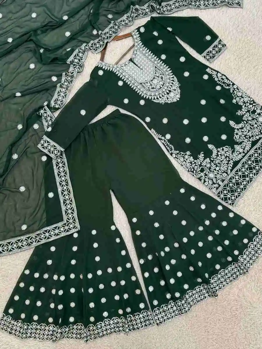 RICH LOOK GEORGETTE EMBROIDERY SEQUENCE WORK WITH READY MADE LACE BORDER WORK TOP SHARARA WITH DUPATTA FESTIVE WEAR WHOLESALE PRICE ETHNIC GARMENT (17)