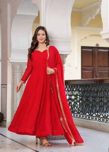 RICH LOOK GEORGETTE PLAIN ANARKALI BOTTOM WITH LACE WORK DUPATTA RED