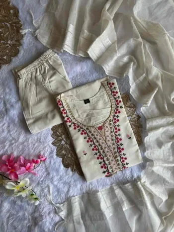 RICH LOOK KHADI COTTON EMBROIDERY WORK TOP BOTTOM WITH DUPATTA OFF WHITE