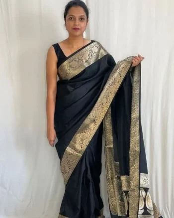 RICH LOOK LICHI SILK JACQUARD WORK SAREE WITH UNSTITCHED BLOUSE BLACK