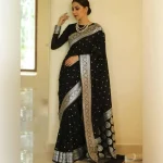 RICH LOOK LICHI SILK JACQUARD WORK SAREE WITH UNSTITCHED BLOUSE BLACK