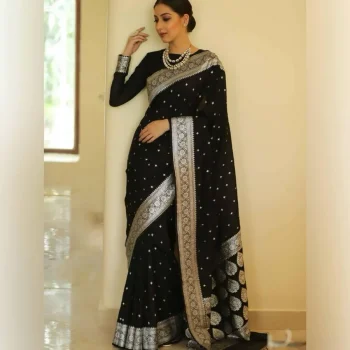 RICH LOOK LICHI SILK JACQUARD WORK SAREE WITH UNSTITCHED BLOUSE BLACK