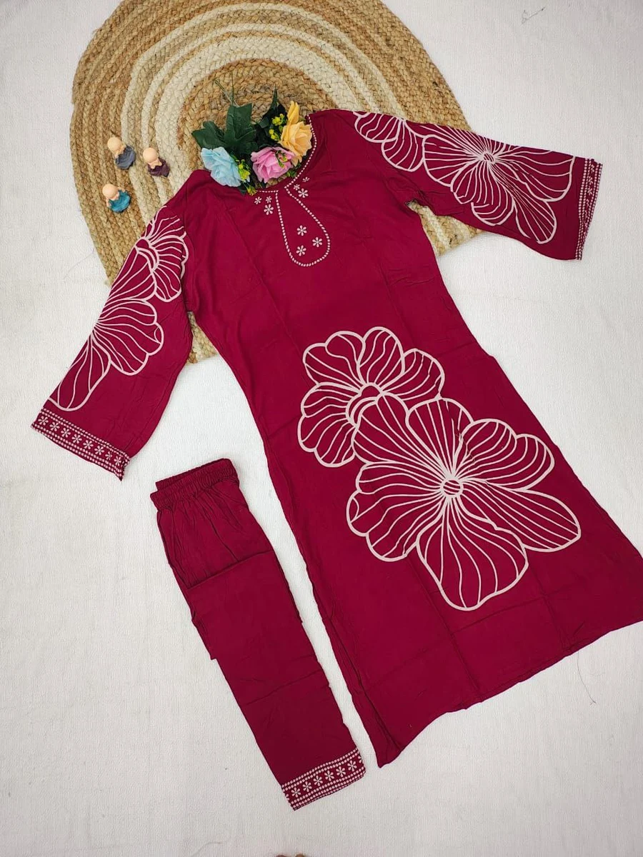 RICH LOOK RAYON PRINTED WORK TOP BOTTOM SET DAILY WEAR WHOLESALE PRICE ETHNIC GARMENT (8)