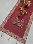 RICH LOOK SILVER CRUNCHY THREAD & SEQUENCE EMBROIDERY WORK WITH LATAKAN WORK SAREE WITH UNSTITCHED BLOUSE PARTY WEAR WHOLESALE PRICE ETHNIC GARMENT (7)