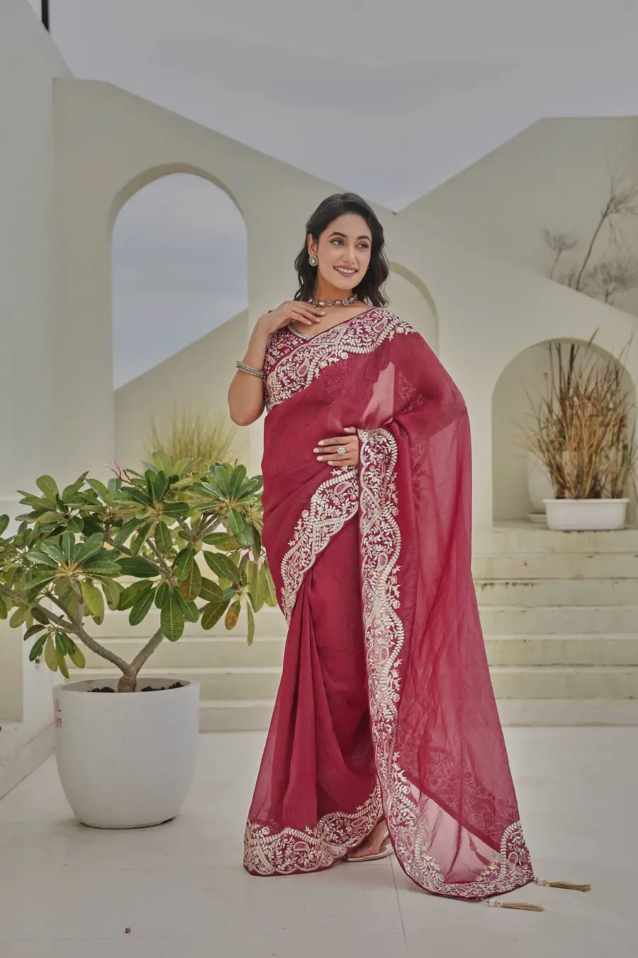 RICH LOOK SILVER CRUNCHY THREAD & SEQUENCE EMBROIDERY WORK WITH LATAKAN WORK SAREE WITH UNSTITCHED BLOUSE PARTY WEAR WHOLESALE PRICE ETHNIC GARMENT (2).webp