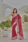 RICH LOOK SILVER CRUNCHY THREAD & SEQUENCE EMBROIDERY WORK WITH LATAKAN WORK SAREE WITH UNSTITCHED BLOUSE PINK