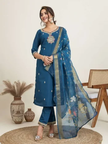 RICH LOOK SLUB COTTON EMBROIDERY SEQUENCE WORK TOP BOTTOM WITH DUPATTA  MORPICH