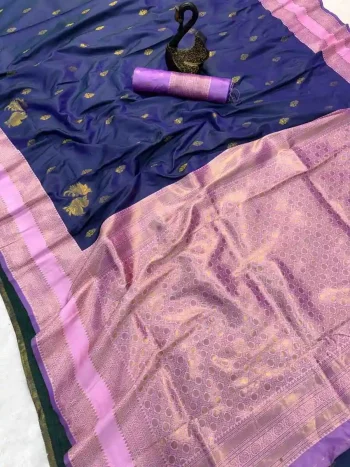 RICH LOOK SOFT SILK ZARI WEAVING WORK SAREE WITH UNSTITCHED BLOUSE NAVY BLUE