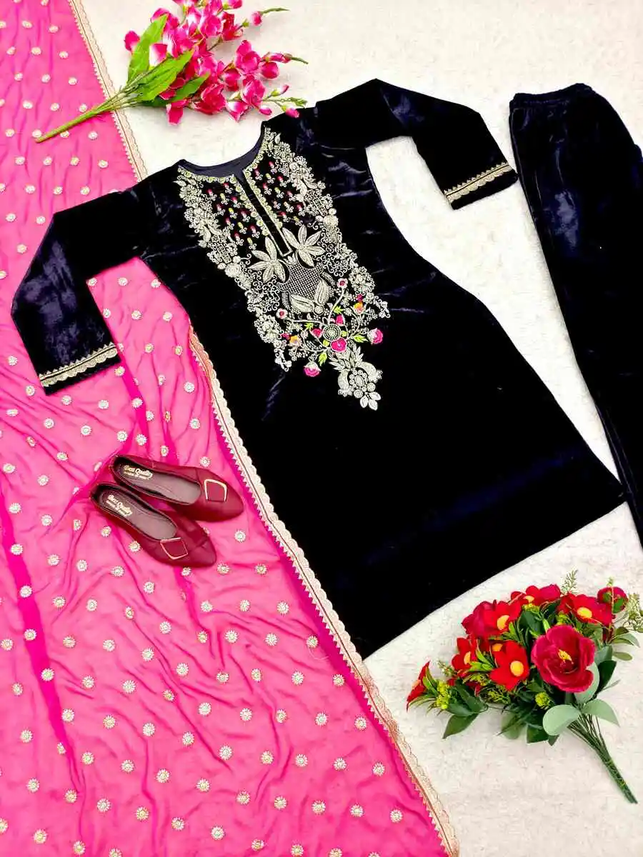 RICH LOOK VELVET EMBROIDERY WORK TOP BOTTOM WITH DUPATTA FESTIVE WEAR WHOLESALE PRICE ETHNIC GARMENT (1)