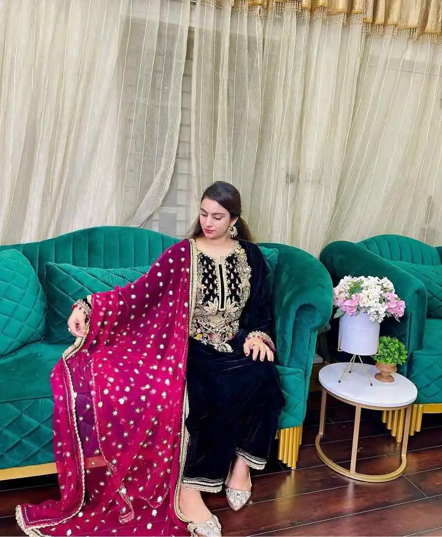 RICH LOOK VELVET EMBROIDERY WORK TOP BOTTOM WITH DUPATTA FESTIVE WEAR WHOLESALE PRICE ETHNIC GARMENT (3)