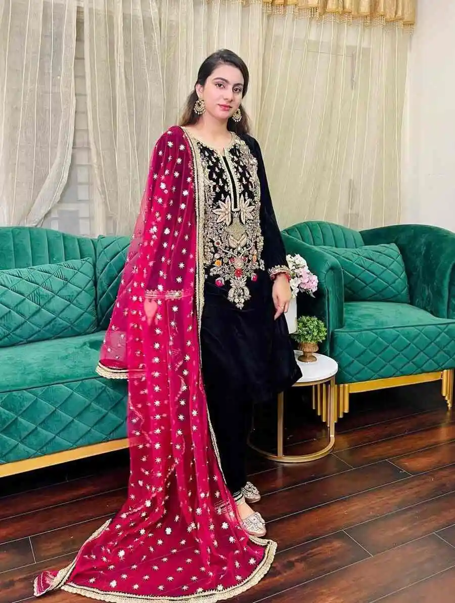 RICH LOOK VELVET EMBROIDERY WORK TOP BOTTOM WITH DUPATTA FESTIVE WEAR WHOLESALE PRICE ETHNIC GARMENT (4)