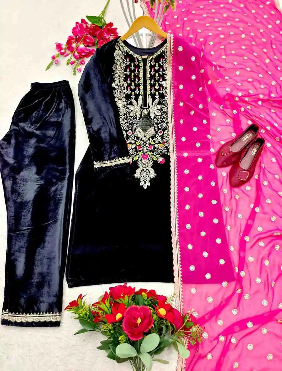 RICH LOOK VELVET EMBROIDERY WORK TOP BOTTOM WITH DUPATTA FESTIVE WEAR WHOLESALE PRICE ETHNIC GARMENT (7)