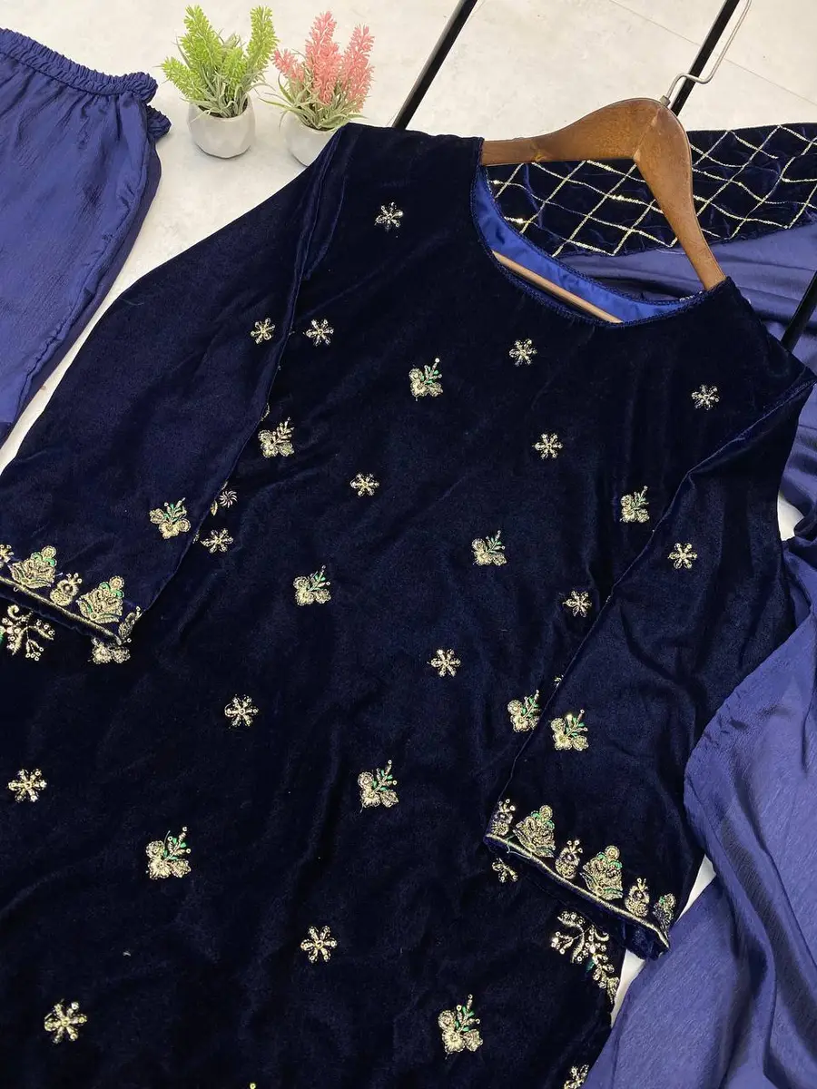 RICH LOOK VELVET SEQUENCE EMBROIDERY WORK TOP PALAZZO WITH DUPATTA FESTIVE WEAR WHOLESALE PRICE ETHNIC GARMENT (1)