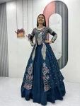 RICH LOOK VICHITRA SILK THREAD AND SEQUENCE WORK TOP LEHENGA WITH KOTI TEAL