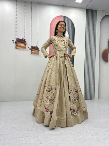 RICH LOOK VICHITRA SILK THREAD AND SEQUENCE WORK TOP LEHENGA WITH KOTI OFF WHITE