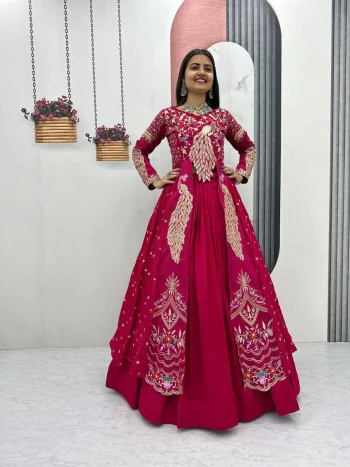 RICH LOOK VICHITRA SILK THREAD AND SEQUENCE WORK TOP LEHENGA WITH KOTI RANI