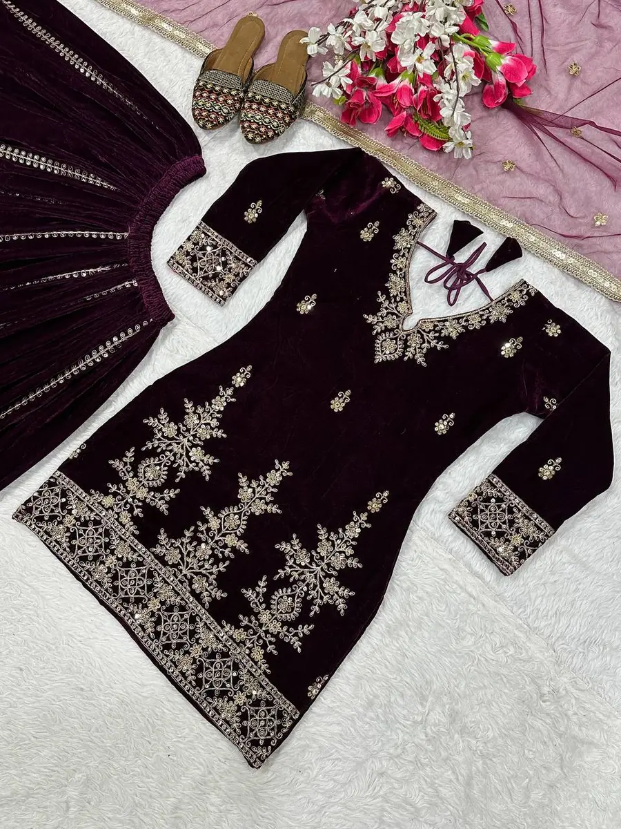 RICH LOOK VISCOSE VELVET EMBROIDERY MULTI NEEDLE SEQUENCE WORK TOP PALAZZO WITH DUPATTA WEDDING WEAR WHOLESALE PRICE ETHNIC GARMENT (1)