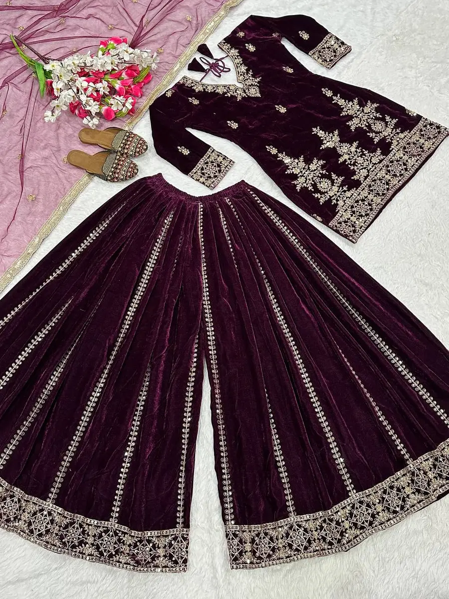 RICH LOOK VISCOSE VELVET EMBROIDERY MULTI NEEDLE SEQUENCE WORK TOP PALAZZO WITH DUPATTA WEDDING WEAR WHOLESALE PRICE ETHNIC GARMENT (10)